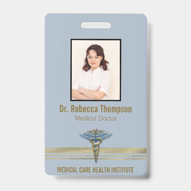 Badge Médicale bleu clair Caduceus Gold Foil Strips ID (Avant)