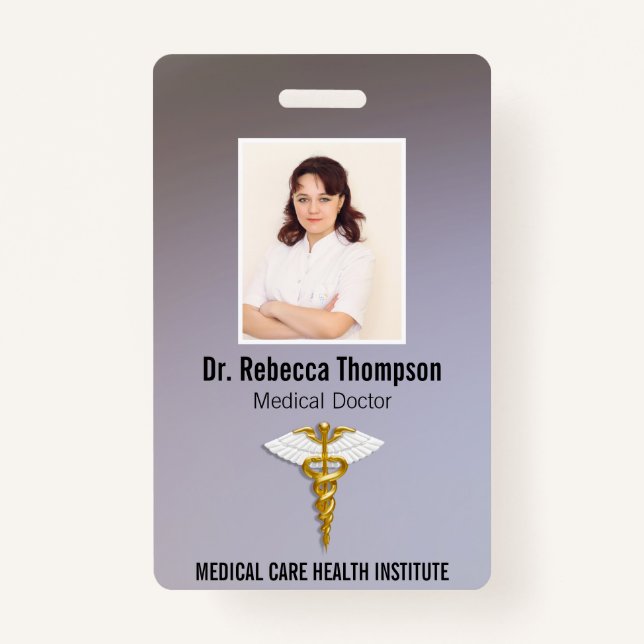 Badge Médicale Elegant Gold Caduceus White Wings ID phot (Devant)