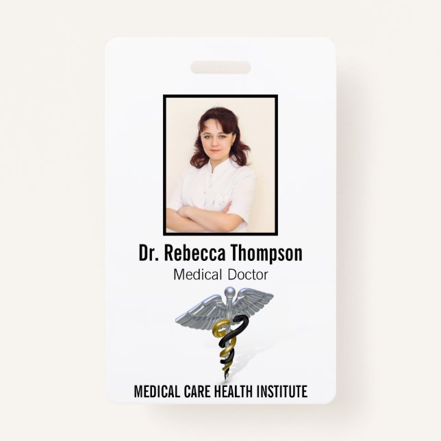 Badge Médicale Silver Caduceus Black Gold Photo ID (Devant)