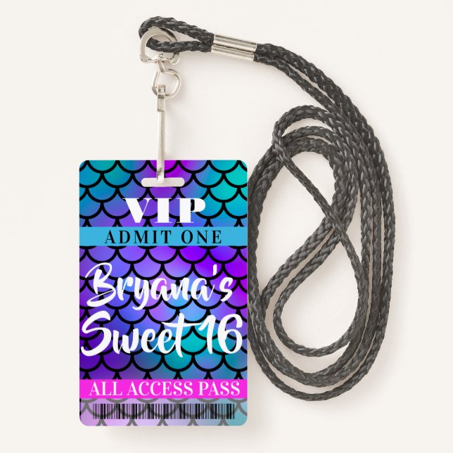 Badge Mermaid rose violet Turquoise Party Sweet 16 VIP P (Devant avec lanière)