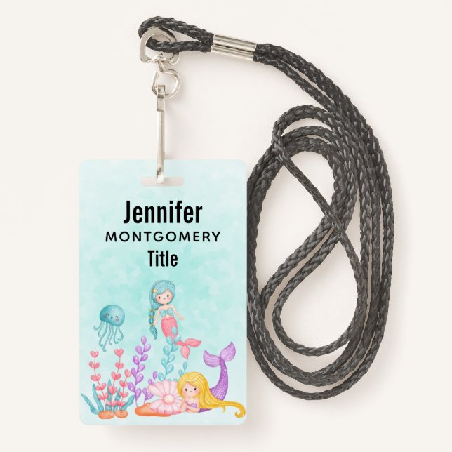 Badge Mermaids et méduses sous l'aquarelle marine (Devant avec lanière)