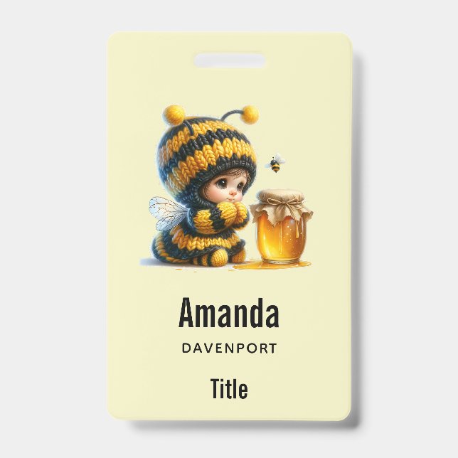 Badge Mignonne fille en costume d'abeille avec miel (Avant)