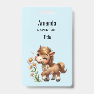 Badge Mignonne Pony Mange Manger Des Marguerites
