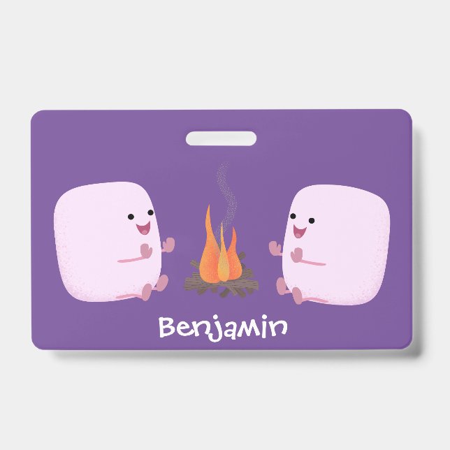 Badge Mignons marshmallows roses près d'un feu de camp d (Avant)