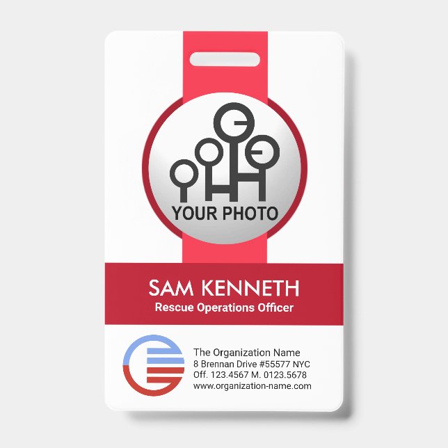 Badge Modèle de photo à rayures rouges simples élégantes (Avant)