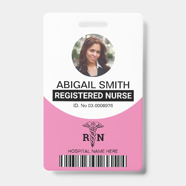 Badge Modèle de photo caducée d'infirmière diplômée rose (Avant)