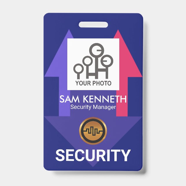 Badge Modèle de photo de sécurité avec des flèches bleue (Avant)