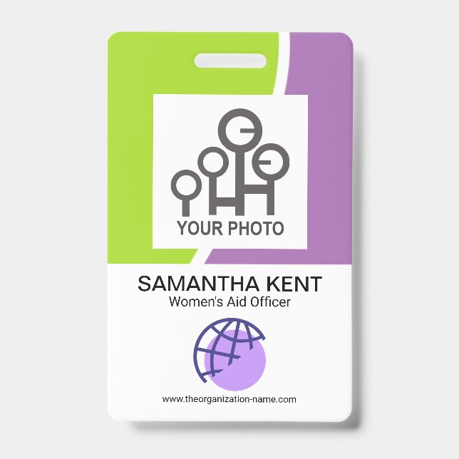 Badge Modèle de photo d'employé aux vagues vertes et vio (Avant)
