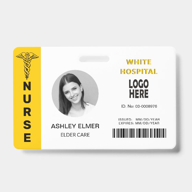 Badge Modèle de photo d'identité jaune pour infirmière e (Avant)