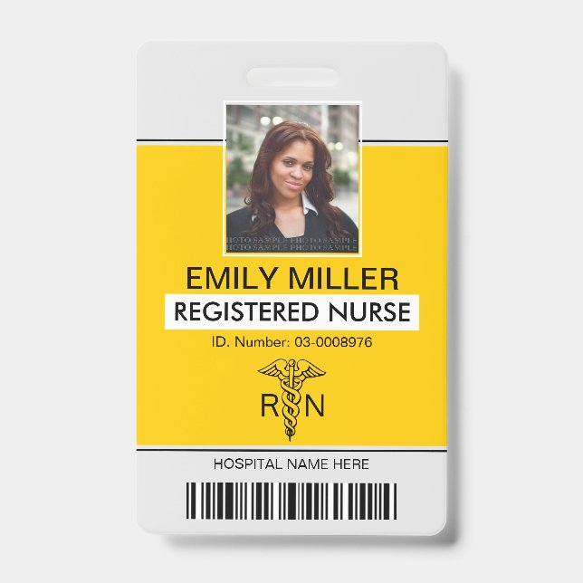 Badge Modèle de photo jaune caducée d'employé infirmière (Avant)