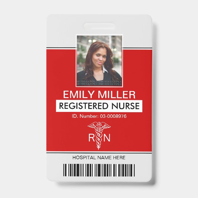 Badge Modèle de photo rouge caducée d'employé infirmière (Avant)