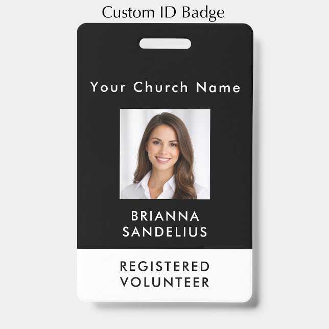 Badge Modern Custom Black Photo ID Church Volunteer (Personalize this modern photo ID badge. Great for church volunteers or staff.
)