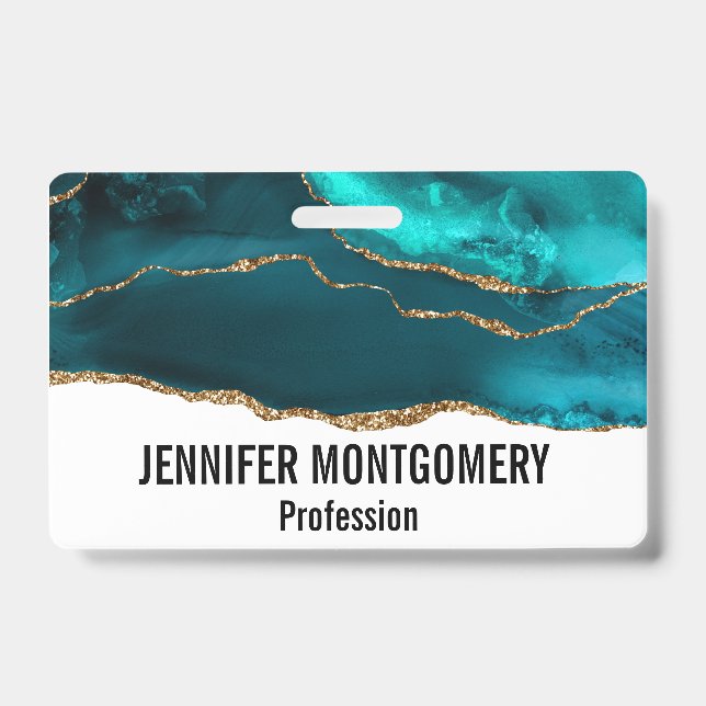 Badge Moderne Design Turquoise Agate & Gold Ribbon sur B (Avant)