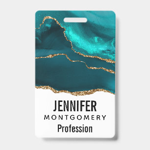 Badge Moderne Élégante Agate Sarcelle et Ruban Doré sur