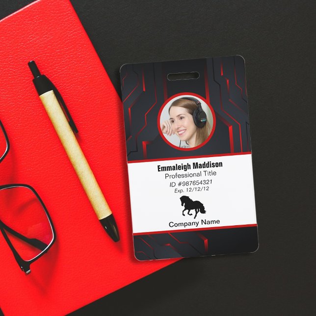 Badge Moderne ID de salarié de société abstraite | Rouge (Créateur téléchargé)