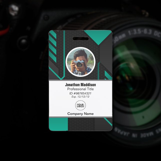 Badge Moderne ID de société abstrait employé | Noir Vert (Créateur téléchargé)