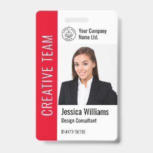 Badge Moderne Nom Logo Photo Employé Modèle Rouge