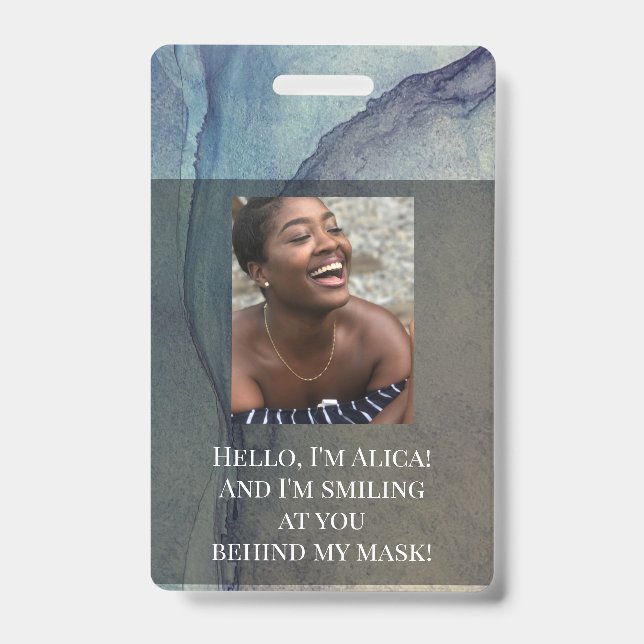 Badge Moi vous souriant derrière ce masque ! Bleu Violet (Avant)