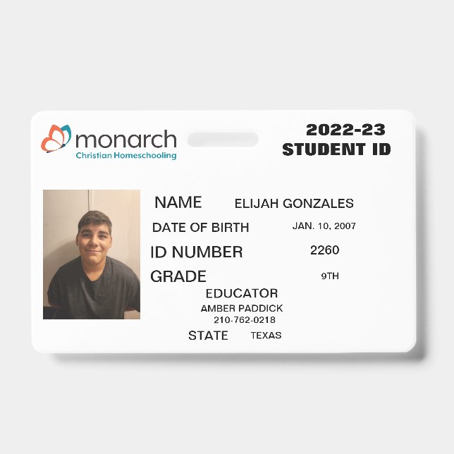 BADGE MONARCH HOMESCHOOL ID  (Face)