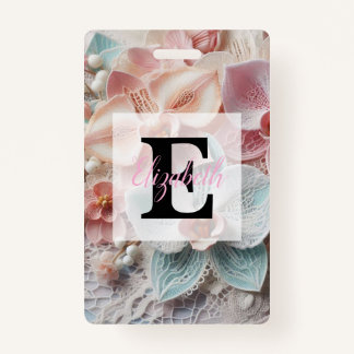 Badge Monogram lace floral pink pastel orchid flowers 