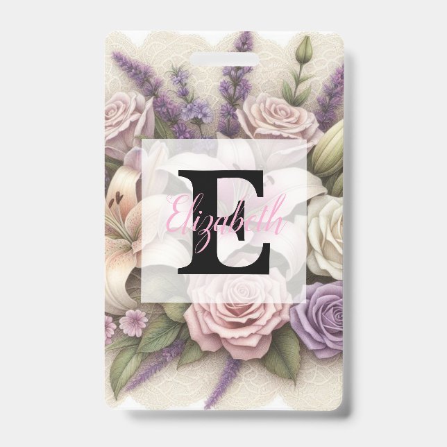 Badge Monogram lace floral purple roses lavender lilies  (Face)