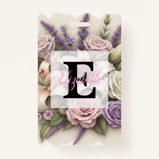 Badge Monogram lace floral purple roses lavender lilies 