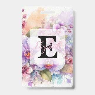 Badge Monogramme aquarelle florale fleurs d'orchidée ros