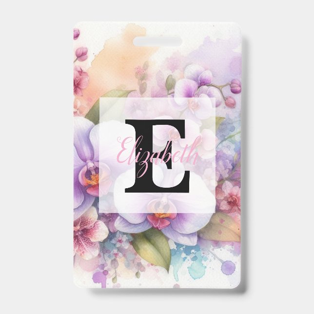 Badge Monogramme aquarelle florale fleurs d'orchidée ros (Avant)