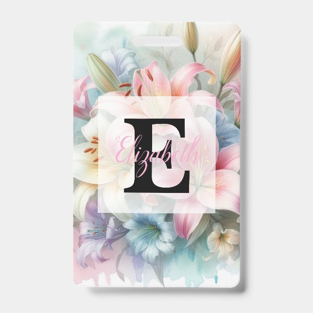 Badge Monogramme aquarelle florale fleurs lys roses  (Avant)