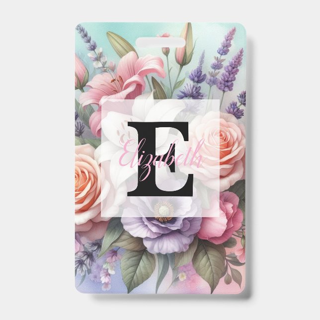 Badge Monogramme aquarelle florale fleurs roses violette (Avant)