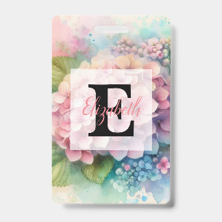 Badge Monogramme aquarelle florale hydrangea rose 