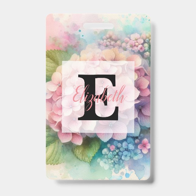 Badge Monogramme aquarelle florale hydrangea rose  (Avant)