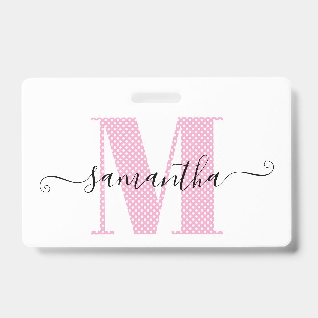 Badge Monogramme de pois rose et blanc clair (Avant)