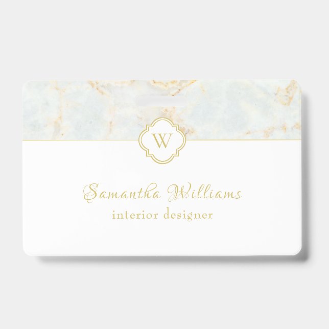 Badge Monogramme Marbre Elégant Or Blanc (Avant)