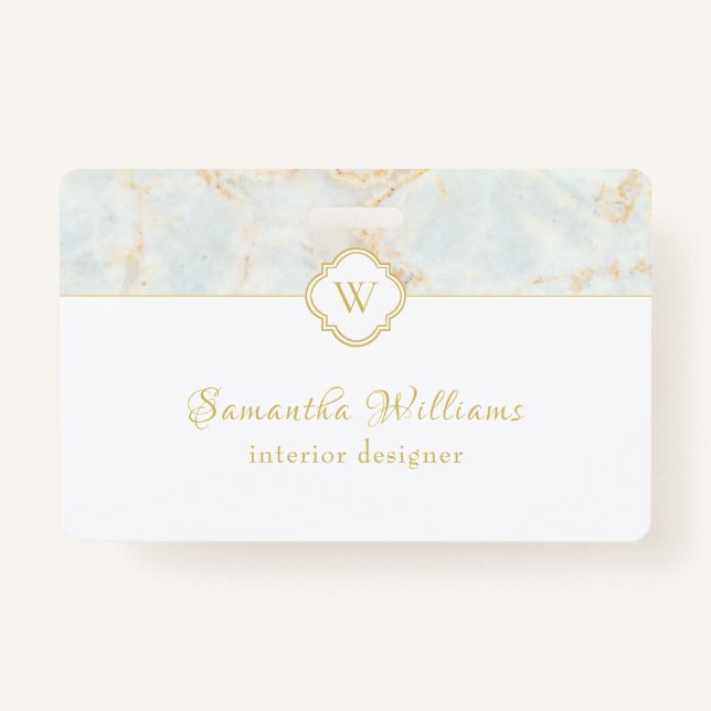 Badge Monogramme Marbre Elégant Or Blanc (Devant)