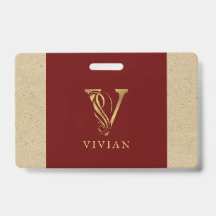 Badge Monogramme V Lettre Or Fancy Sur Fond Rouge et Car