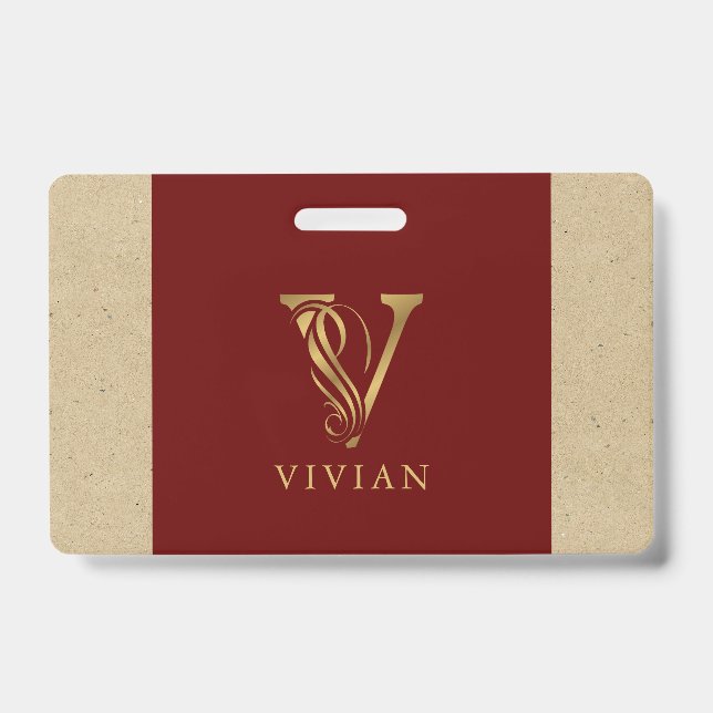 Badge Monogramme V Lettre Or Fancy Sur Fond Rouge et Car (Avant)