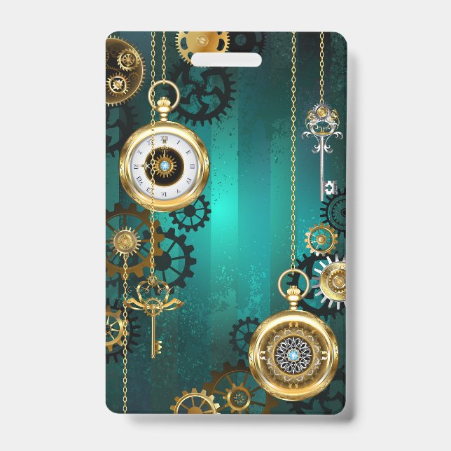 Badge Montre de bijouterie Steampunk sur fond vert (Avant)
