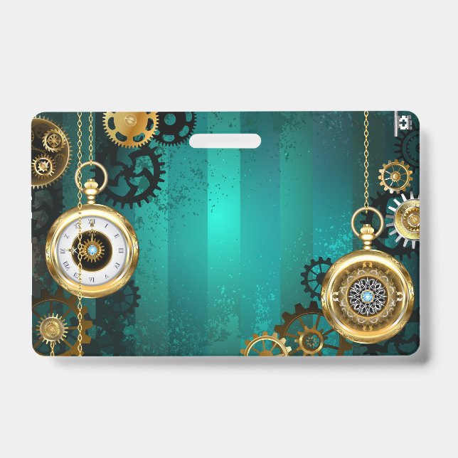 Badge Montre de bijouterie Steampunk sur fond vert (Avant)