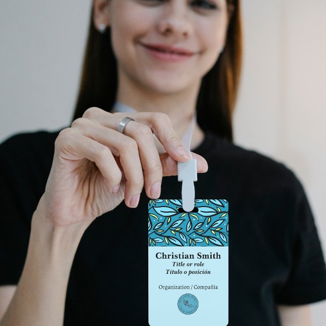 Badge Motif bilingue de feuilles bleu turquoise (Blue leaves Name Badge Bilingual, Personalized for small businesses Multilingual Project)