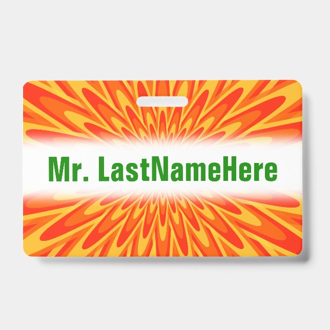 Badge Motif explosif Rouge, Orange, Jaune + Nom personna (Avant)