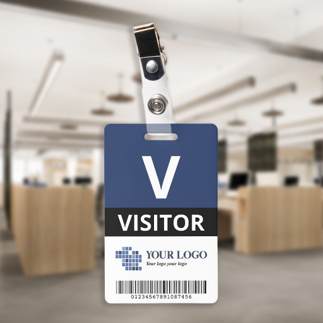 Badge Navy Blue Ajouter votre logo et code barre Visiteu (Créateur téléchargé)