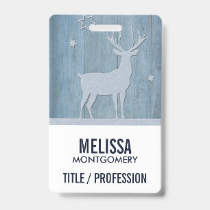 Badge Noël Country Cerf Bois Bleu Rustique