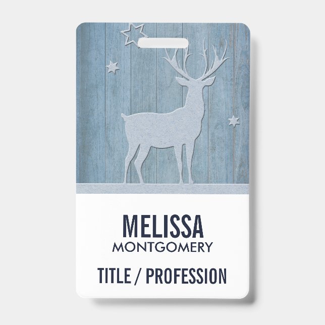 Badge Noël Country Cerf Bois Bleu Rustique (Avant)