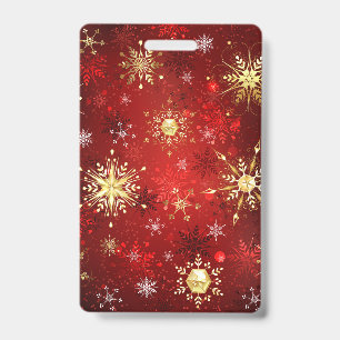 Badge Noël Golden Snowflakes sur Arrière - plan rouge