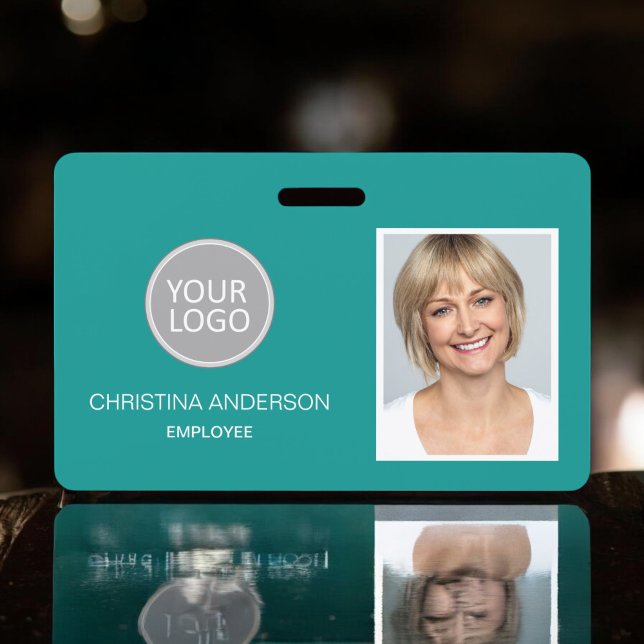 Badge Nom de l'employé turquoise Logo Photo Travail d'en (Créateur téléchargé)
