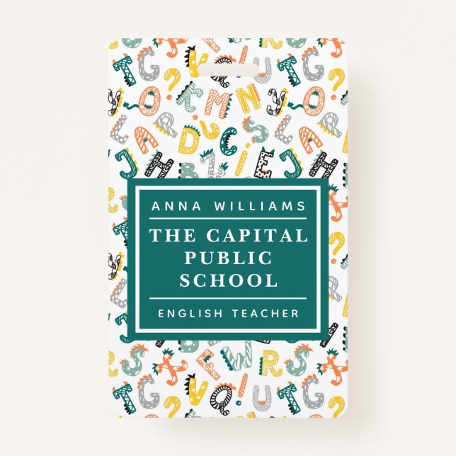 Badge Nom de l'enseignant de l'école primaire Cute Dino  (Devant)