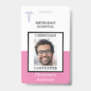 Badge Nom de l'établissement médical rose et blanc