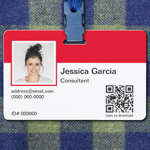 Badge Nom d'employé personnalisé Photo et code QR rouge