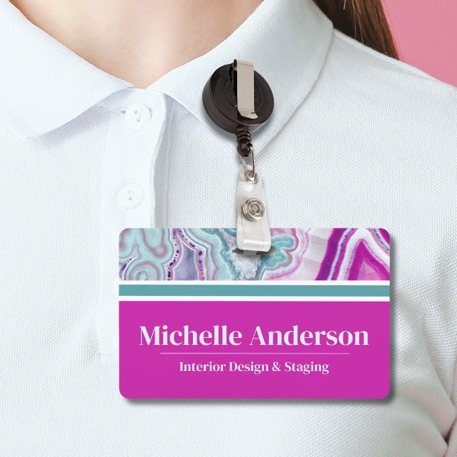 Badge Nom d'entreprise élégant moderne (Cute Monogram Initial Teal Magenta Agate Name Badge)